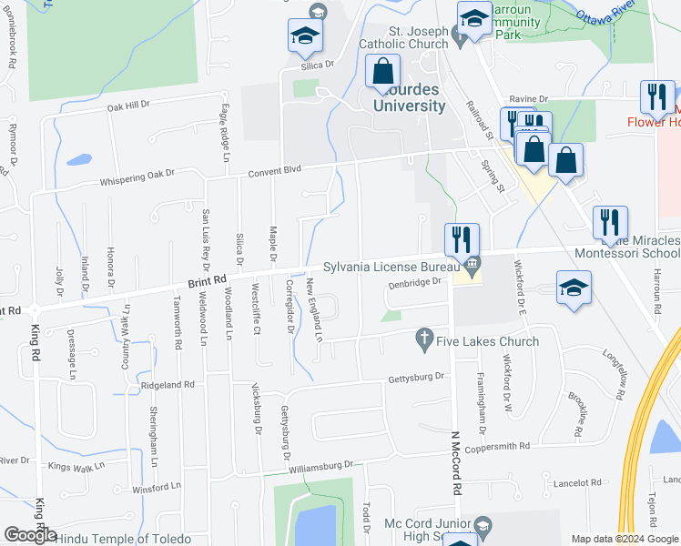 map of restaurants, bars, coffee shops, grocery stores, and more near 6925 Brint Road in Sylvania