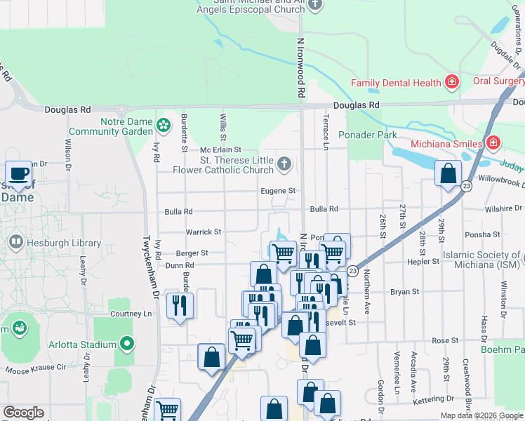 map of restaurants, bars, coffee shops, grocery stores, and more near 18115 Bulla Road in South Bend