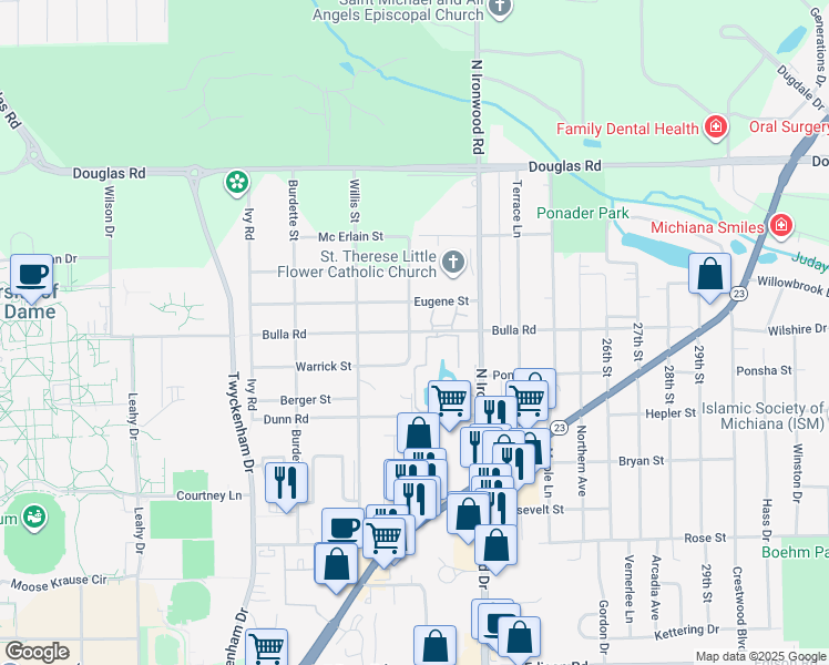 map of restaurants, bars, coffee shops, grocery stores, and more near 18115 Bulla Road in South Bend