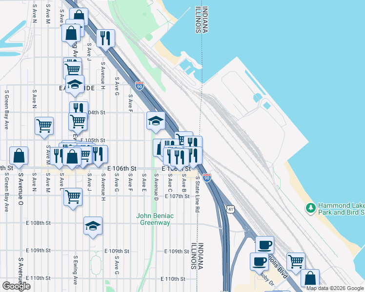 map of restaurants, bars, coffee shops, grocery stores, and more near 10502 South Avenue B in Chicago