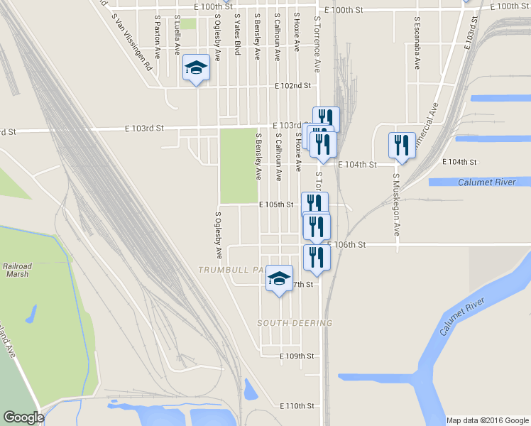 map of restaurants, bars, coffee shops, grocery stores, and more near 10500 South Calhoun Avenue in Chicago