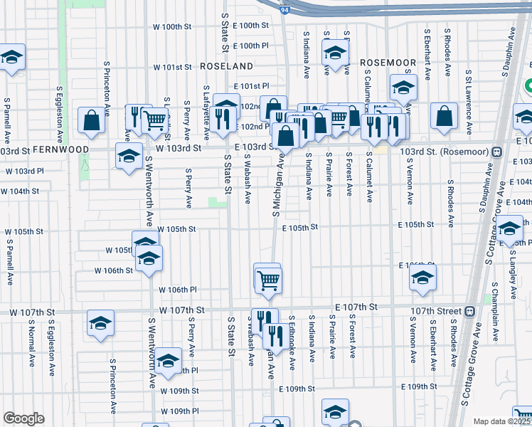map of restaurants, bars, coffee shops, grocery stores, and more near 10434 South Michigan Avenue in Chicago