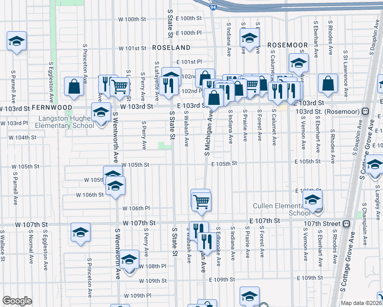 map of restaurants, bars, coffee shops, grocery stores, and more near 10426 South Wabash Avenue in Chicago
