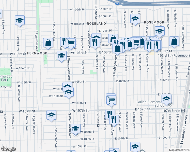 map of restaurants, bars, coffee shops, grocery stores, and more near 15 West 104th Place in Chicago