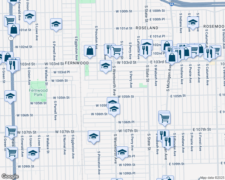 map of restaurants, bars, coffee shops, grocery stores, and more near 10424 South Wentworth Avenue in Chicago