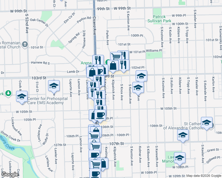 map of restaurants, bars, coffee shops, grocery stores, and more near 10332 Kilpatrick Avenue in Oak Lawn
