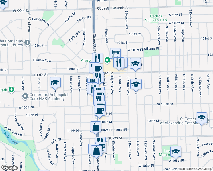 map of restaurants, bars, coffee shops, grocery stores, and more near 10332 Kilpatrick Avenue in Oak Lawn