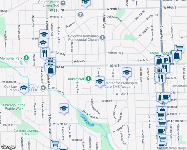 map of restaurants, bars, coffee shops, grocery stores, and more near 10316 Cook Avenue in Oak Lawn