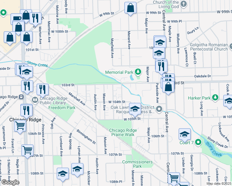 map of restaurants, bars, coffee shops, grocery stores, and more near 10311 Mayfield Avenue in Oak Lawn