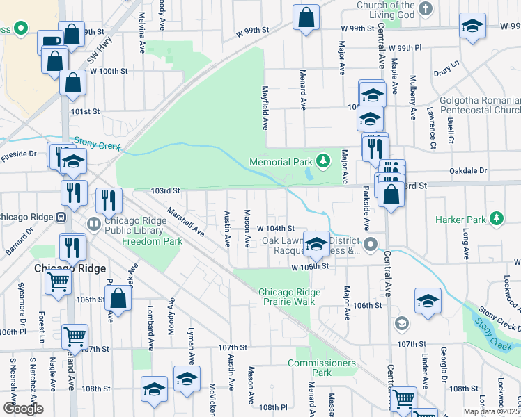 map of restaurants, bars, coffee shops, grocery stores, and more near 10311 Mason Avenue in Oak Lawn