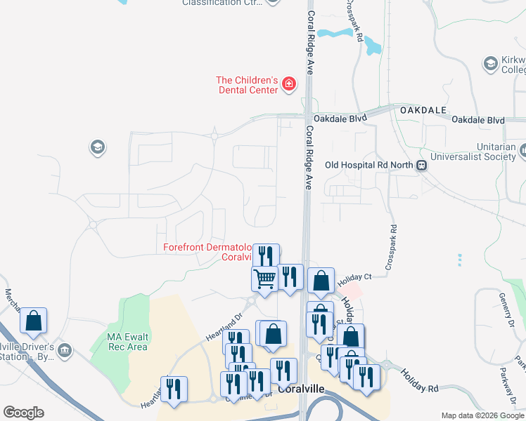 map of restaurants, bars, coffee shops, grocery stores, and more near 2865 Coral Court in Coralville