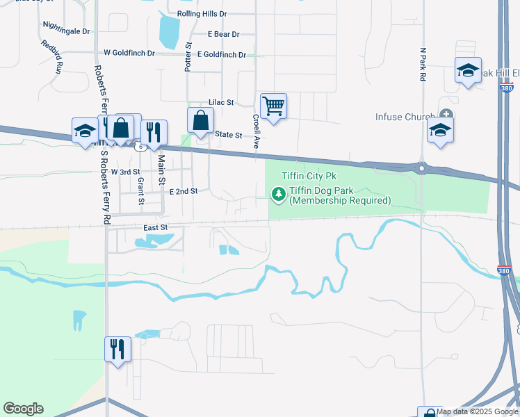 map of restaurants, bars, coffee shops, grocery stores, and more near 627 Kimberlite Street in Tiffin