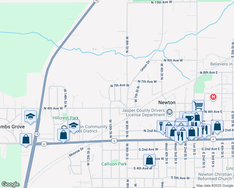 map of restaurants, bars, coffee shops, grocery stores, and more near 539 West 9th Street North in Newton