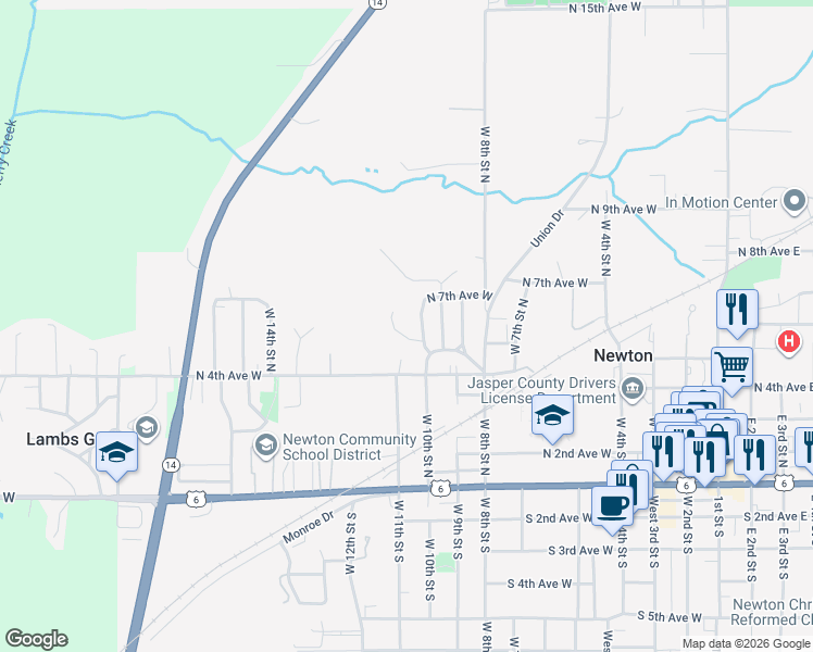 map of restaurants, bars, coffee shops, grocery stores, and more near 1020 North 5th Avenue West in Newton