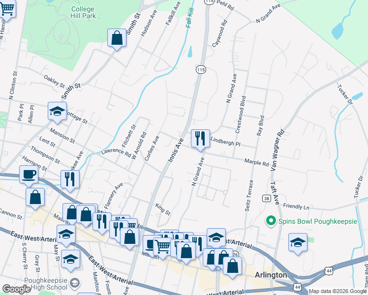 map of restaurants, bars, coffee shops, grocery stores, and more near 118 Innis Avenue in Poughkeepsie