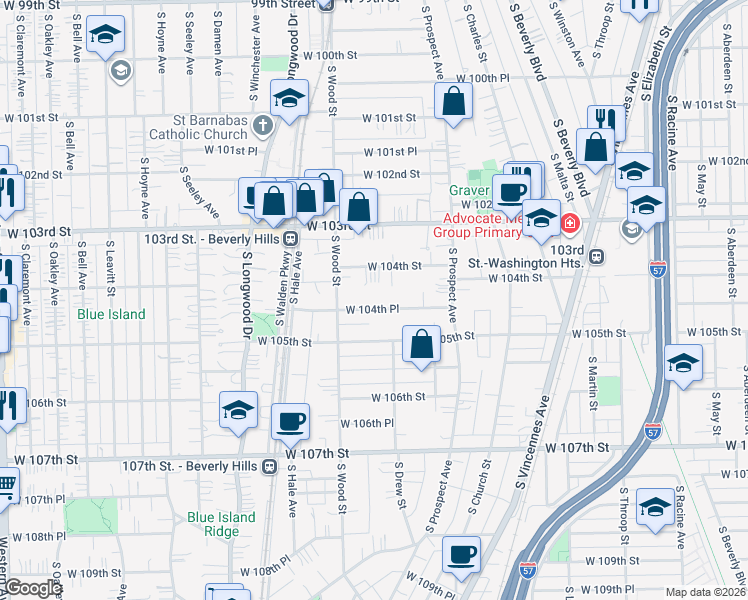 map of restaurants, bars, coffee shops, grocery stores, and more near 1731 West 104th Street in Chicago
