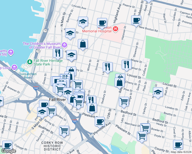 map of restaurants, bars, coffee shops, grocery stores, and more near 521 Cherry Street in Fall River