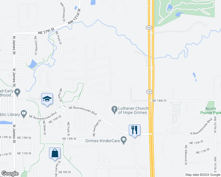map of restaurants, bars, coffee shops, grocery stores, and more near 1817 Northeast Heritage Drive in Grimes