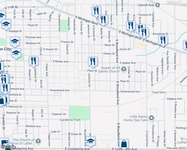 map of restaurants, bars, coffee shops, grocery stores, and more near 600-698 S Dickson St in Michigan City