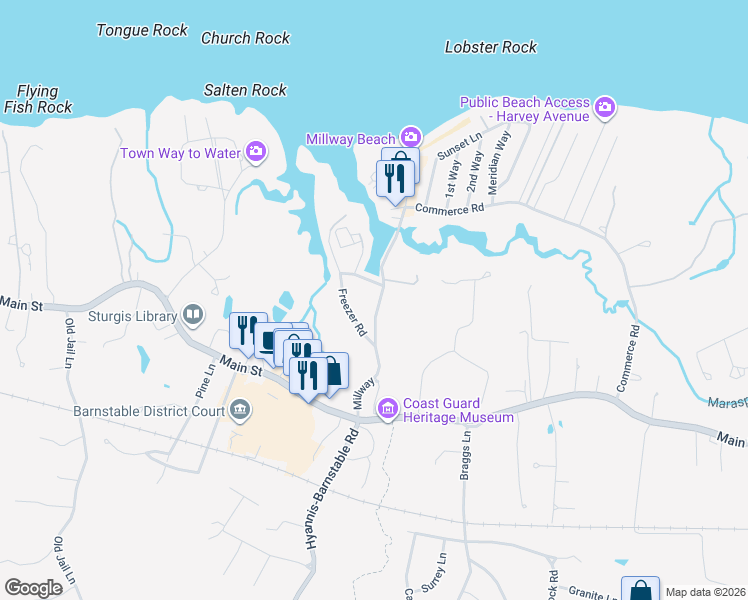 map of restaurants, bars, coffee shops, grocery stores, and more near 186 Millway in Barnstable