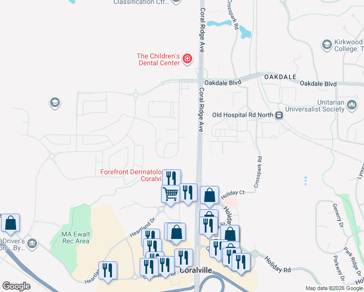 map of restaurants, bars, coffee shops, grocery stores, and more near 2864 Coral Court in Coralville