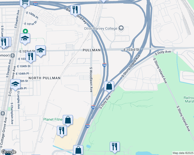 map of restaurants, bars, coffee shops, grocery stores, and more near 10355 South Woodlawn Avenue in Chicago