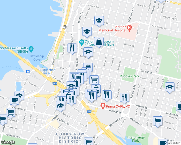 map of restaurants, bars, coffee shops, grocery stores, and more near 201 Rock Street in Fall River