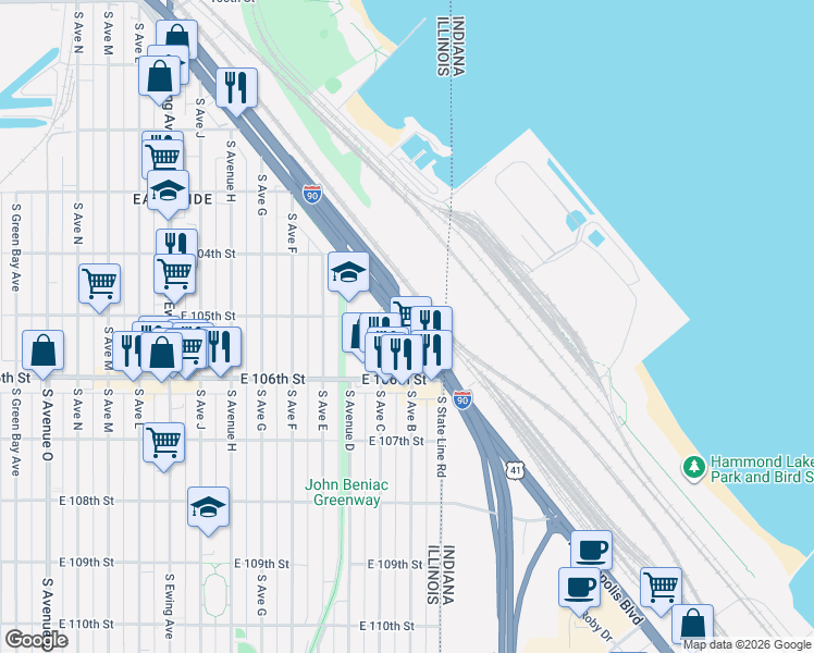 map of restaurants, bars, coffee shops, grocery stores, and more near 10502 South Avenue B in Chicago