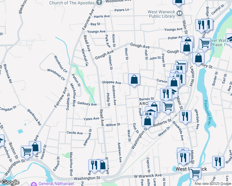map of restaurants, bars, coffee shops, grocery stores, and more near 24 Plante Court in West Warwick