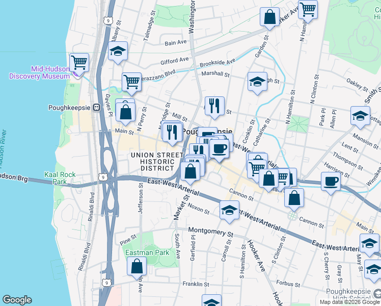 map of restaurants, bars, coffee shops, grocery stores, and more near 228 Main Street in Poughkeepsie