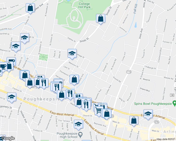 map of restaurants, bars, coffee shops, grocery stores, and more near 339 Mansion Street in Poughkeepsie