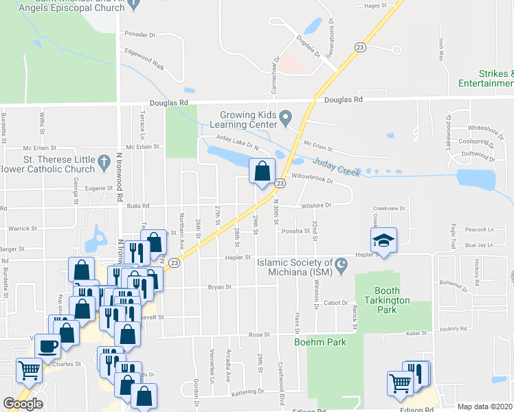 map of restaurants, bars, coffee shops, grocery stores, and more near 54572 North 29th Street in South Bend