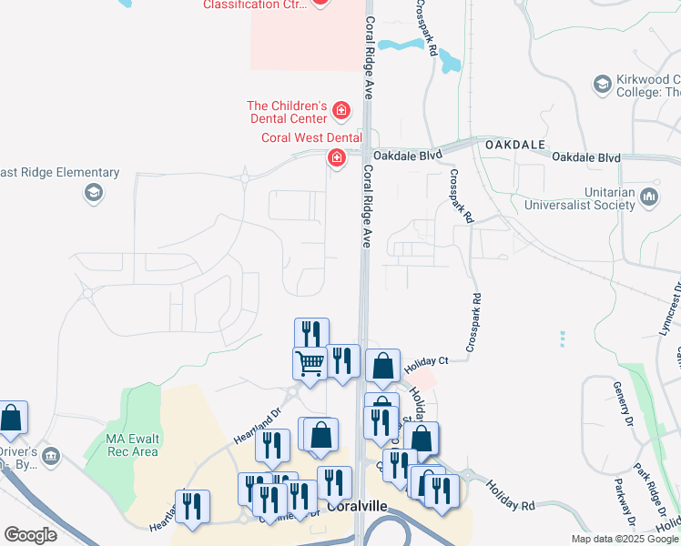 map of restaurants, bars, coffee shops, grocery stores, and more near 2864 Coral Court in Coralville