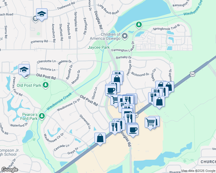 map of restaurants, bars, coffee shops, grocery stores, and more near 63 Seton Creek Drive in Oswego
