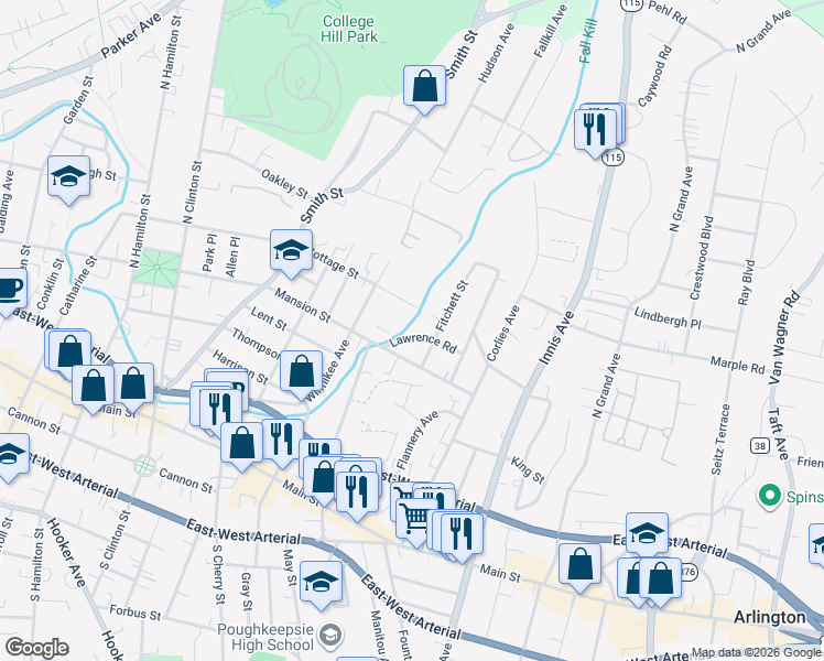map of restaurants, bars, coffee shops, grocery stores, and more near 1 Lawrence Road in Poughkeepsie