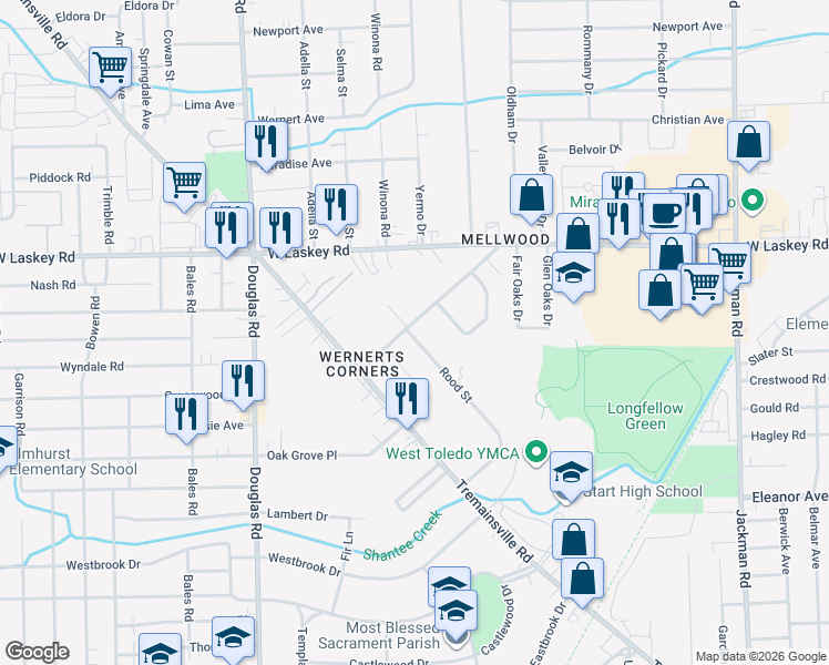 map of restaurants, bars, coffee shops, grocery stores, and more near 2235 Mellwood Avenue in Toledo
