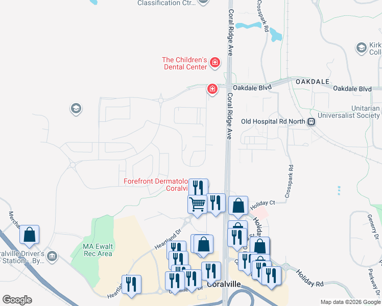 map of restaurants, bars, coffee shops, grocery stores, and more near 2865 Coral Court in Coralville