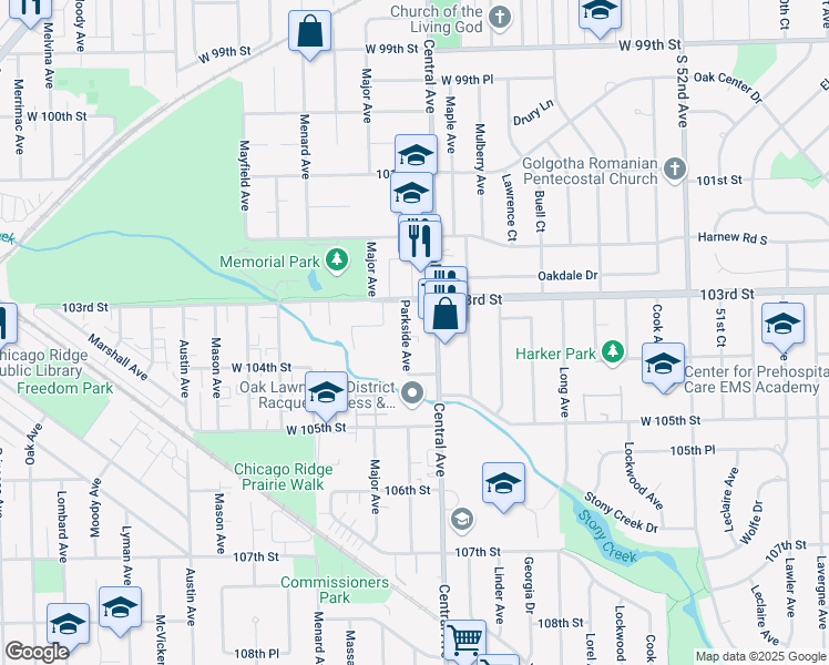 map of restaurants, bars, coffee shops, grocery stores, and more near 10315 Parkside Avenue in Oak Lawn