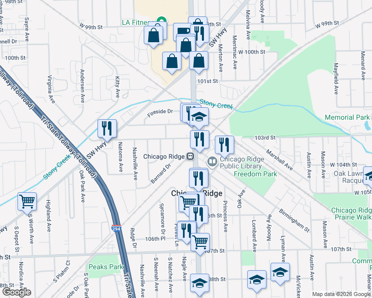 map of restaurants, bars, coffee shops, grocery stores, and more near 10324 Ridgeland Avenue in Chicago Ridge