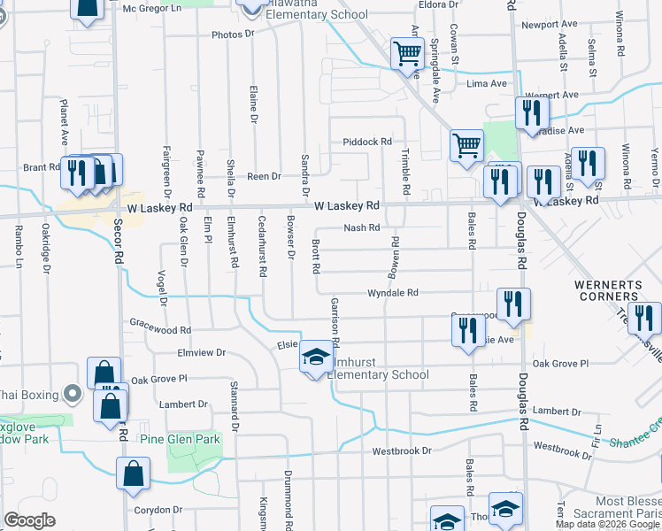 map of restaurants, bars, coffee shops, grocery stores, and more near 2871 Boxwood Road in Toledo