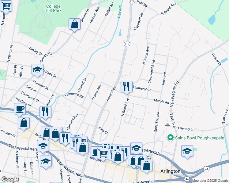 map of restaurants, bars, coffee shops, grocery stores, and more near 118 Innis Avenue in Poughkeepsie