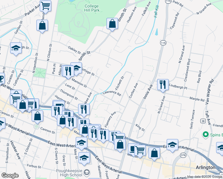 map of restaurants, bars, coffee shops, grocery stores, and more near 1 Lawrence Road in Poughkeepsie