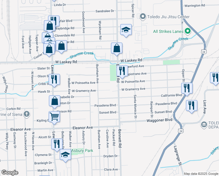 map of restaurants, bars, coffee shops, grocery stores, and more near 532 West Gramercy Avenue in Toledo