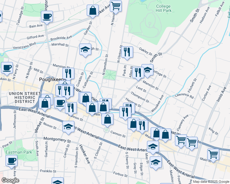 map of restaurants, bars, coffee shops, grocery stores, and more near 37 North Clinton Street in Poughkeepsie