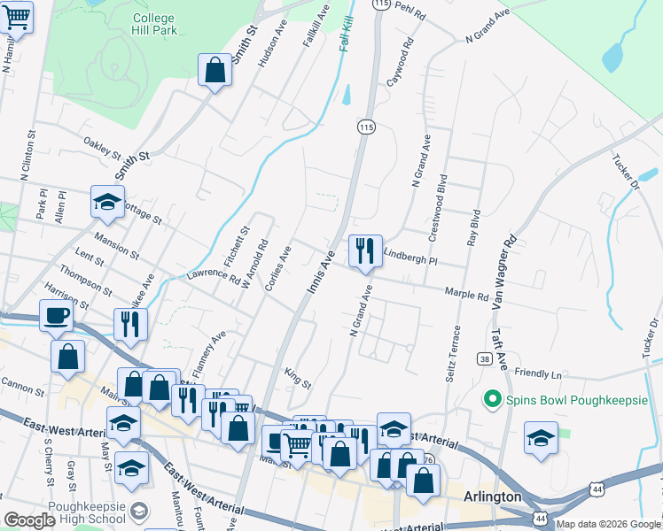 map of restaurants, bars, coffee shops, grocery stores, and more near 118 Innis Avenue in Poughkeepsie