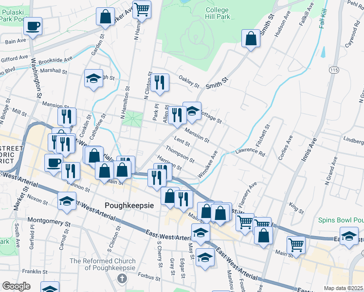 map of restaurants, bars, coffee shops, grocery stores, and more near 18 Lent Street in Poughkeepsie