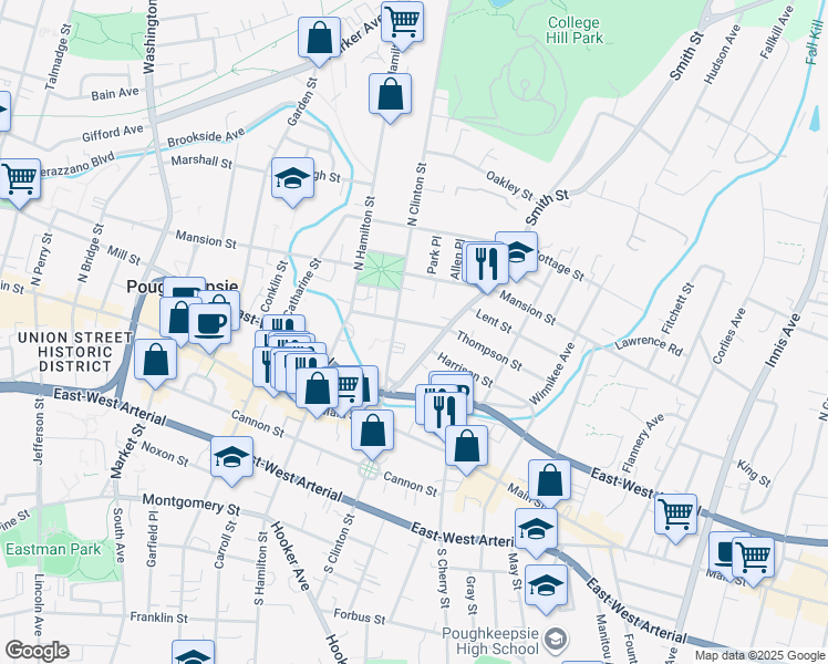 map of restaurants, bars, coffee shops, grocery stores, and more near 39 North Clinton Street in Poughkeepsie