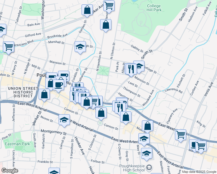 map of restaurants, bars, coffee shops, grocery stores, and more near 39 North Clinton Street in Poughkeepsie