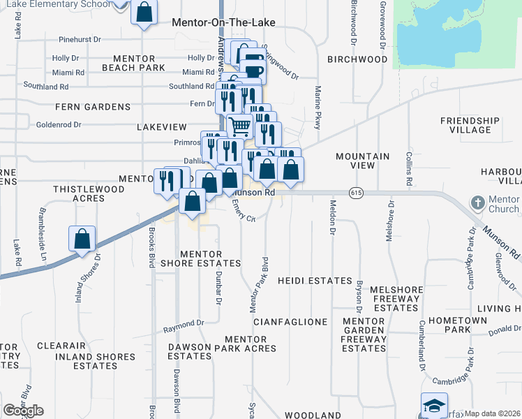 map of restaurants, bars, coffee shops, grocery stores, and more near 7865 Emery Circle in Mentor