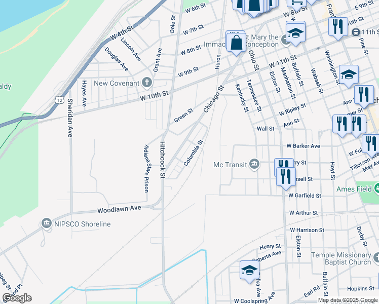 map of restaurants, bars, coffee shops, grocery stores, and more near 203 Columbia Street in Michigan City